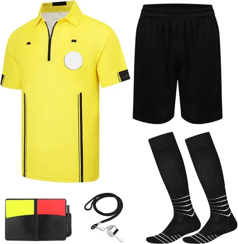 Vista 8 de VKT Kit de árbitro de fútbol, camiseta de árbitro de fútbol, pantalones cortos, calcetines de referencia, silbato, tarjeta roja y amarilla