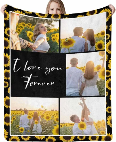 Vista 12 de D-Story Manta personalizada con texto fotográfico, manta de franela personalizada para Navidad, cumpleaños, San Valentín, para parejas, familiares