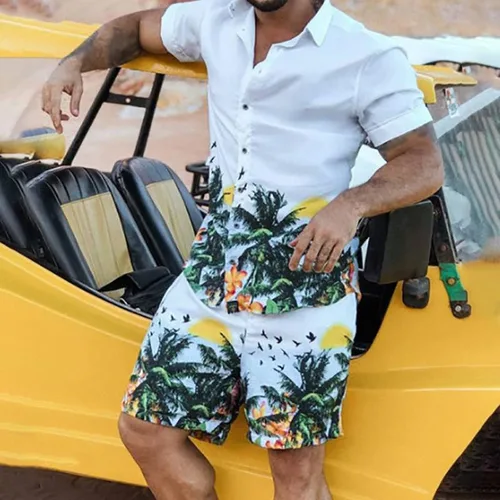 Vista 2 de Conjunto de 2 piezas para hombre con estilo casual hawaiano para verano, camisetas sin mangas, camisetas de playa y juegos de fotos con bolsillos