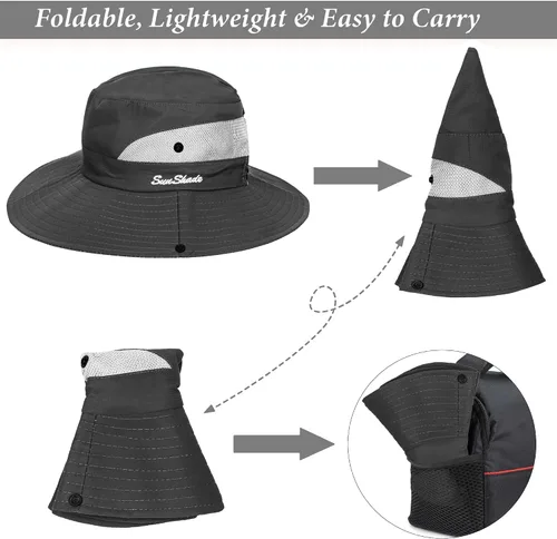 Vista 28 de Sombrero de pesca de playa de ala ancha para mujer, con protección UV, plegable, con agujero para cola de caballo