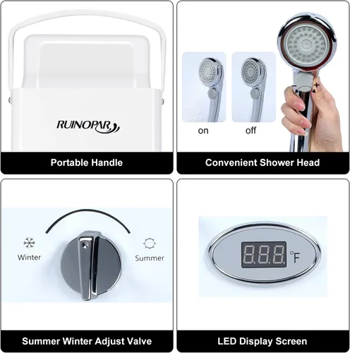 Vista 4 de Calentador de agua portátil sin tanque de propano – 6L 1.58GPM RV calentador de agua de gas bajo demanda con pantalla digital para exteriores