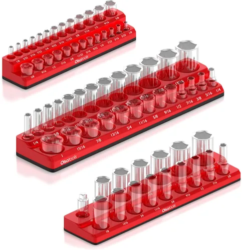 Vista 19 de Olsa Tools - Organizador magnético de llaves de vaso Con accionamiento de 1/4 pulgada Métrico Rojo Con capacidad para 26 llaves de vaso