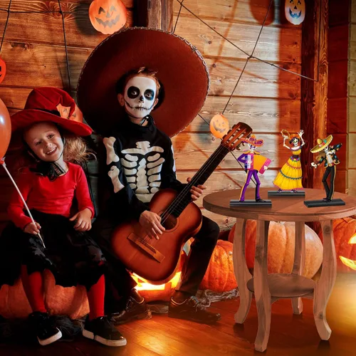Vista 5 de Barydat 6 piezas de decoración de mesa del Día de los Muertos, decoración de madera de calavera de azúcar para parejas, centros de mesa