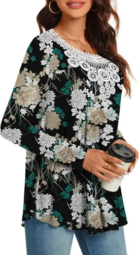 Vista 3 de CATHY Women Tunic Tops Long Sleeve Fall Casual Fashion Crochet Lace T-shirt Pleated Fit Blouses