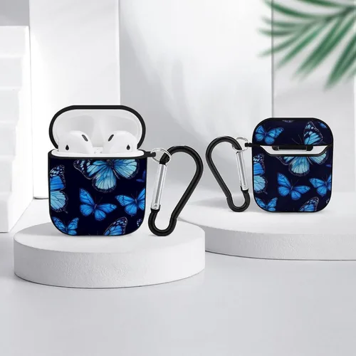Vista 4 de Funda protectora de silicona compatible con Airpods 2 y 1 (hermosas mariposas, mariposas azules)
