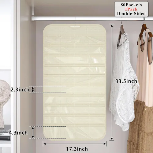 Vista 3 de Organizador colgante de joyas con 80 bolsillos de almacenamiento de doble cara, 1 paquete, color beige
