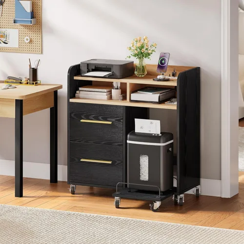 Vista 2 de YITAHOME Archivador con estación de carga, gabinete de mesa de impresora para oficina en casa, carrito de soporte de impresora, compatible con A4