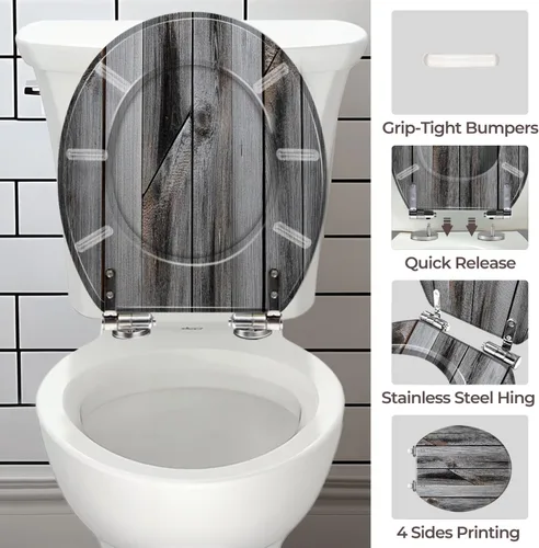 Vista 5 de Round Resin Toilet Seat, Quietly Close Quick Release Hinges Cover Patrón 3