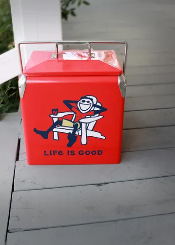 Vista 8 de Leigh Country Life is Good - Hielera metálica roja, diseño gráfico Adirondack Jake, portátil con asa de transporte