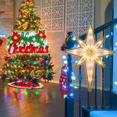 Vista 3 de LAMPHOME Paquete de 2 letreros iluminados de Feliz Navidad y estrella de Belén para ventana, decoración de escultura de ventana para Navidad