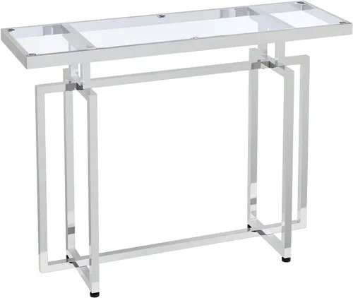 Vista 7 de ASYA Mesa consola de cristal para entrada, mesa de entrada moderna con vidrio templado y marco cromado, mesa de sofá plateada para sala de estar