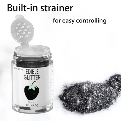 Vista 2 de Polvo de brillo comestible negro - Colaele 5 gramos de polvo de lustre de grado alimenticio, brillo metálico, espolvoreado de fantasía para decorar