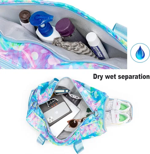 Vista 7 de BLUBOON Bolsa de lona para niñas y niños, bonita bolsa de gimnasio con compartimento para zapatos y separación húmeda, impermeable, bolsa de viaje