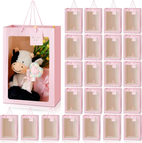 Vista 11 de Yahenda - 24 bolsas de regalo grandes con ventana transparente de 13.8 x 9.8 x 5.9 pulgadas, bolsas de papel transparente para ramo de flores