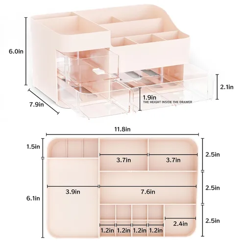 Vista 3 de Organizadores de maquillaje rosa para tocador con 3 cajones, organizadores grandes para el cuidado de la piel para encimera, escritorio, aparador