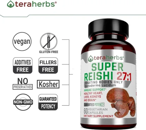 Vista 5 de Extracto orgánico de hongos Reishi por Tera Herbs - 60 cápsulas vegetarianas - Ganoderma Lucidum/Ling Zhi