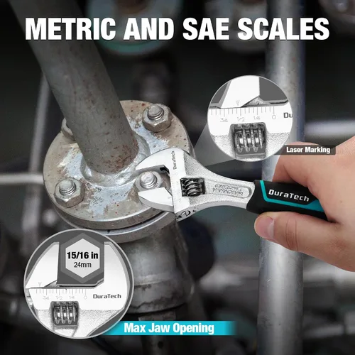 Vista 5 de DURATECH Llave ajustable de 6 pulgadas, llave de acero Cr-V, llave de mandíbula ancha, básculas métricas y SAE, para el hogar, garaje, taller