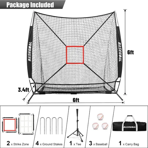 Vista 3 de BaseGoal 6'×6' Baseball Softball Practice Net,Baseball Backstop,for Hitting Pitching Batting Catching with Bow Frame,Bonus Strike Zone,Target