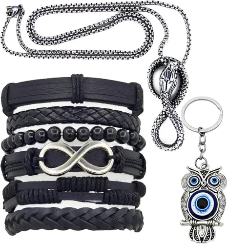 Vista 8 de Juego de 8 pulseras de cuero punk para hombres y mujeres, 6 puños trenzados de poliuretano, collar y llavero, ajustable, apilable