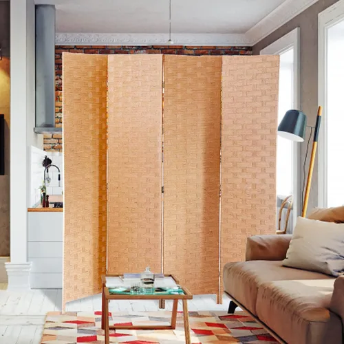 Vista 8 de Divisor de ambientes de 6 pies, pantalla plegable de 4 paneles, separadores de pared plegables portátiles, artesanías de madera de ratán de madera