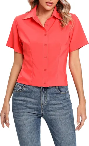 Vista 4 de Camisas básicas de oficina con cuello y botones para mujer, de fácil cuidado, de manga corta, con elástico