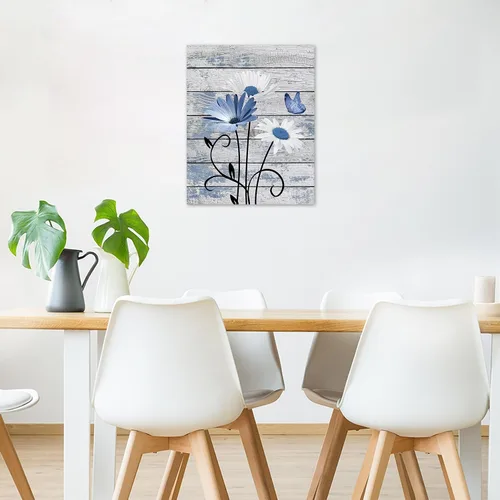 Vista 3 de HVEST Arte de pared de mariposa de margarita azul, margarita azul y mariposa sobre tablero de madera, pintura abstracta, arte de pared de flores