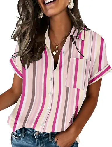 Vista 9 de Zeagoo Camisa de manga corta con botones para mujer, cuello en V, elegante, casual, para negocios, trabajo, con bolsillo, S-XXL