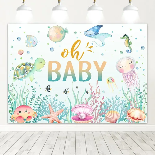 Vista 7 de Avezano Fondo para baby shower con texto en inglés "Under The Sea", para baby shower, fondo de fotografía de baby shower, decoración subacuática, 7