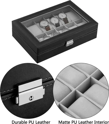 Vista 4 de Oyydecor Caja de reloj de piel sintética, organizador de almacenamiento de madera para almacenamiento y exhibición, regalos de hombres y mujeres