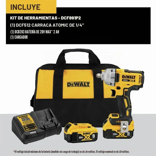 Vista 2 de DEWALT Llave de impacto 20V MAX, inalámbrica, 1/2 pulgada, 2 baterías y cargador incluidos (DCF891P2) Dos baterías y cargador incluidos