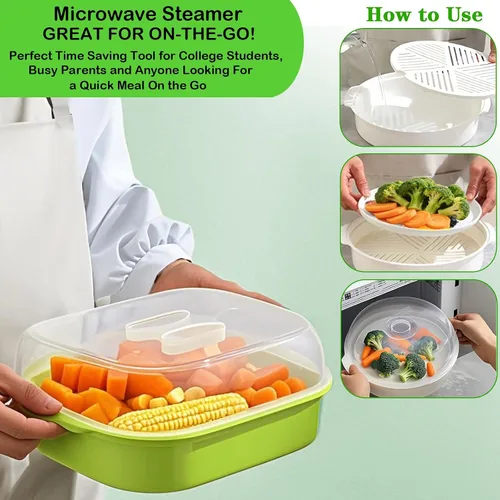 Vista 3 de Vaporizador de microondas para verduras, vaporizador de verduras de plástico con tapa para preparación de verduras, mariscos, pescado, cocina