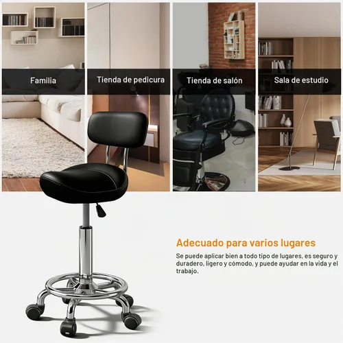 Vista 5 de Taburete con pedal de anillo y respaldo, silla hidráulica ajustable con ruedas para uso médico, masaje, salón, spa, cocina y dibujo