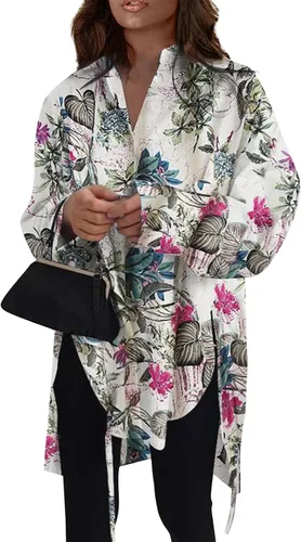 Vista 63 de Camisas de manga larga con botones para mujer, asimétricas, casuales, con cordones, túnica de gran