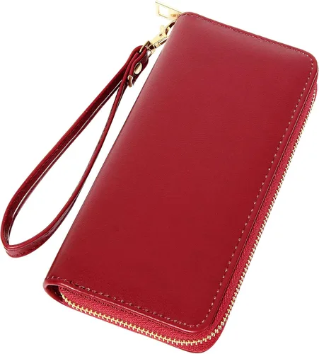Vista 13 de VOCUS Cartera de mujer con bloqueo RFID de cuero PU con cremallera alrededor, gran cartera de viaje larga, con tarjetero y tira para la muñeca Marrón