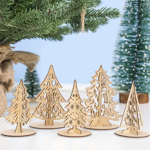 Vista 4 de Juego de manualidades de Navidad, árbol de Navidad 3D de madera, rebanadas de madera sin terminar para pintar, adornos de árboles de Navidad