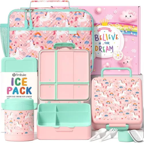 Vista 12 de Fimibuke Lonchera Bento para niños con 4 compartimentos, bolsa de almuerzo aislada, tarro térmico de acero inoxidable al vacío, paquete de hielo