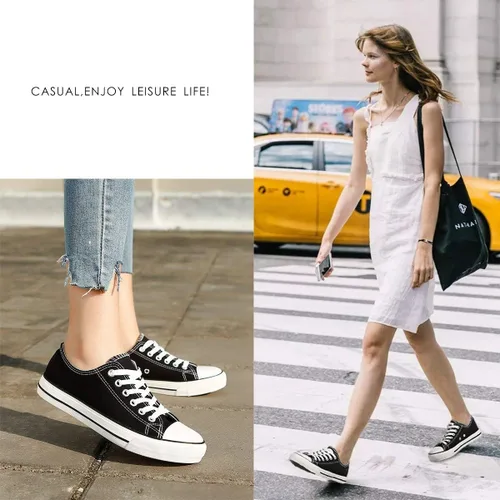 Vista 2 de ZGR - Tenis bajos de lona con cordones para mujer estilo clásico casual color blanco y negro
