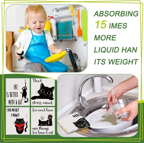 Vista 7 de Funtery 8 piezas de paños de cocina suecos de gato negro, paños de esponja absorbentes suecos reutilizables, lavables, paños de cocina para lavar