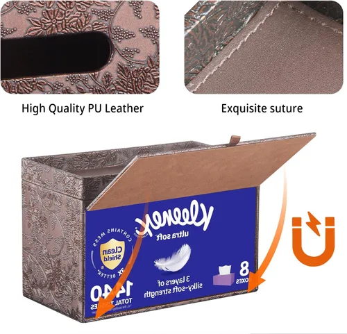 Vista 5 de YAPISHI Caja de pañuelos grande rectangular con almacenamiento de bandeja, soporte de pañuelos faciales de piel sintética, se adapta a 230