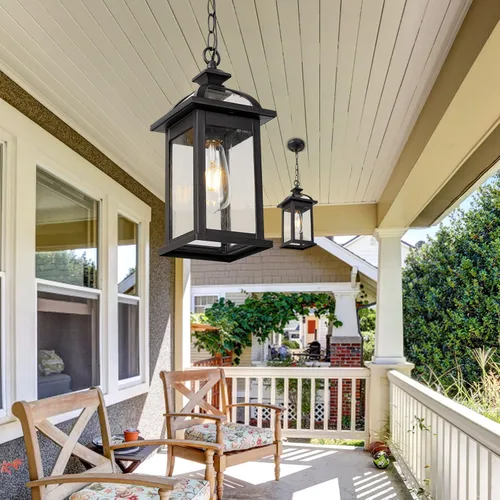 Vista 6 de Darkaway Farol colgante para exteriores, luz colgante de porche con vidrio de aluminio para exteriores, para porche, patio, entrada