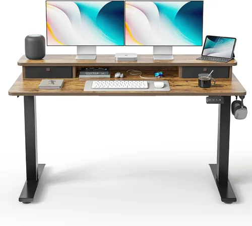 Vista 12 de FEZIBO Escritorio de pie de 48 x 24 pulgadas con altura ajustable, escritorio eléctrico de pie con doble cajón, escritorio de oficina en casa con 4