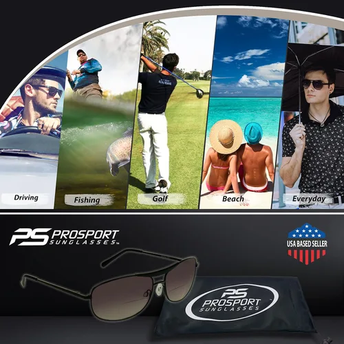 Vista 5 de proSPORT Gafas de sol bifocales de aviador +1.50 montura negra de bronce con lente ahumada bifocales para hombres y mujeres