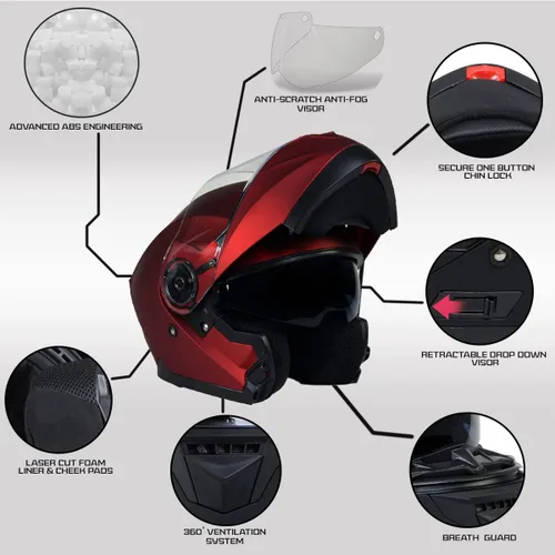 Vista 2 de Cascos Milwaukee MPH9817DOT Breeze Rojo, Casco de Moto Modular Avanzado, para Motociclista, con Visera Desmontable - Extra Pequeño
