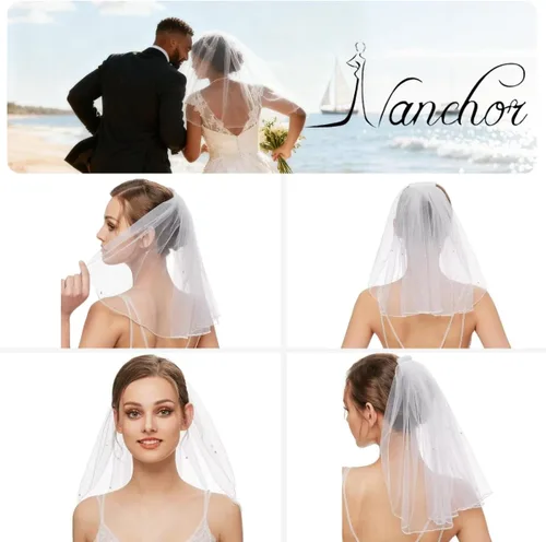 Vista 4 de Velo de novia para mujer, velo corto con tul de diamantes de imitación para despedida de soltera 38cm/15" Blanco