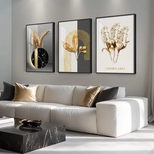 Vista 36 de Arte de pared moderno enmarcado en blanco y negro, 3 piezas de impresiones contemporáneas grandes para paredes, juego de 3 imágenes de hojas doradas