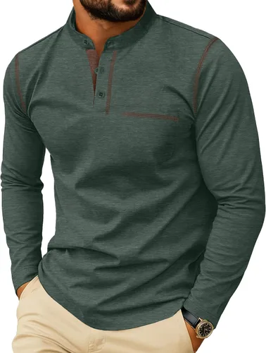 Vista 12 de Sailwind Camisetas Henley para hombre de manga larga con botones, estilo casual, elegante, de algodón, con bolsillo