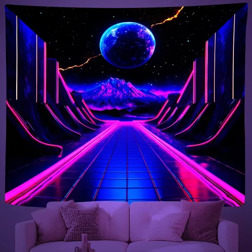 Vista 11 de QpaZynthy Tapiz de túnel de luz negra, tapiz de onda de vapor que brilla en la oscuridad, tapiz reactivo a los rayos UV, tapices de luz negra, neón