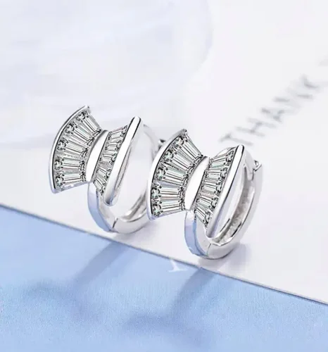 Vista 2 de AT Jewellery - 925 Sterling Silver Diamond Cut Stone Double Sided Huggie Hoop Earrings