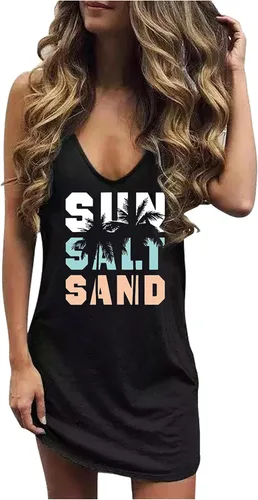 Vista 22 de CHUNTIANRAN Mini vestido para mujer, vestido hawaiano sin mangas para playa 1776 negro