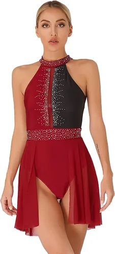 Vista 6 de FEESHOW Women Shiny Rhinestone Lyrical Dance Dress Backless Leotard Dresses Figure Skating Dance Costume E90#negro y blanco